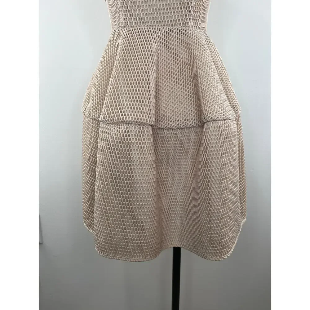 GRACIA Blush Neutral Beige Honeycomb Mesh Fit & Flare Mini Dress M Medium